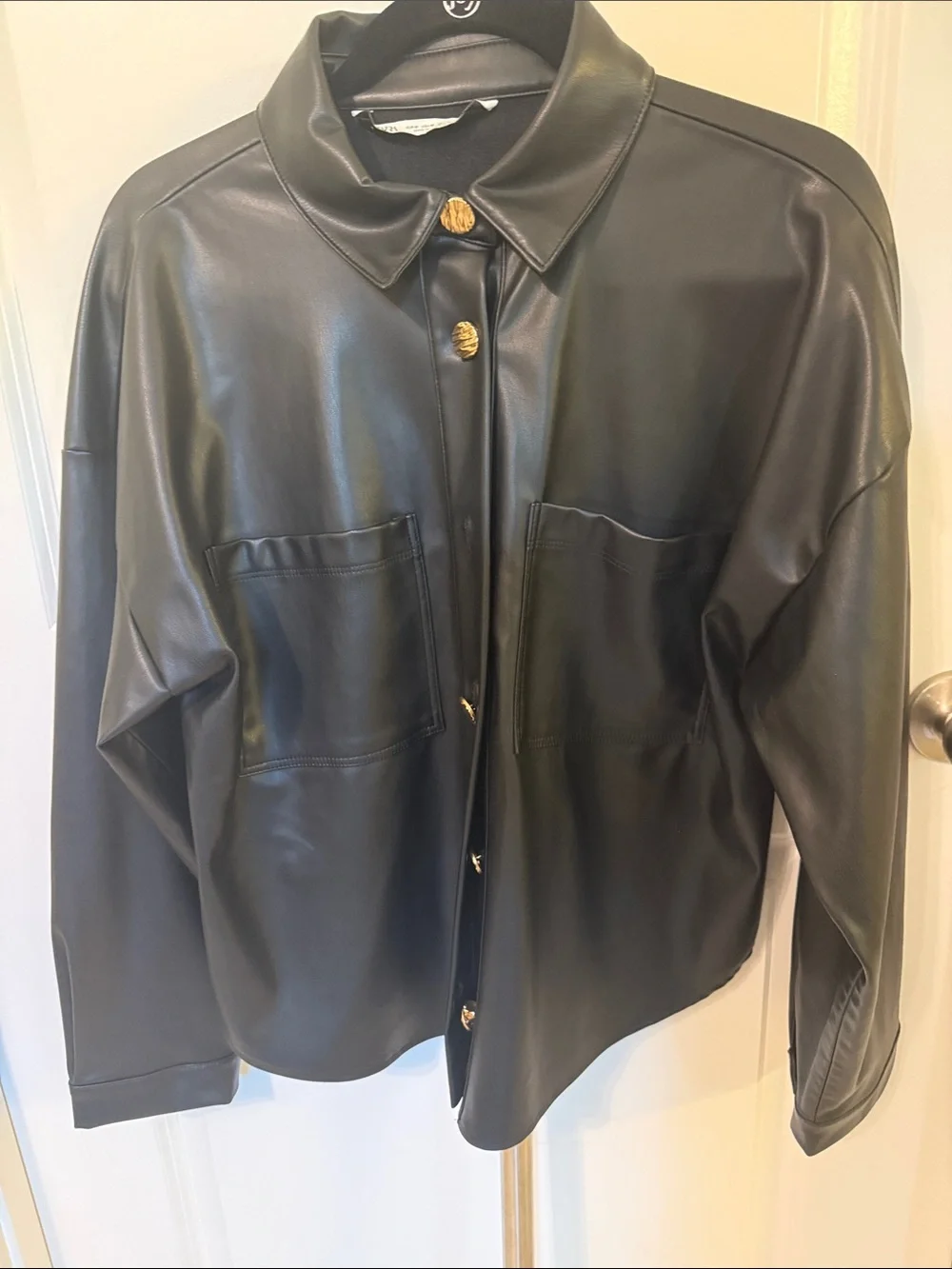 Zara Black Faux Leather Button-Front Jacket with Gold Buttons